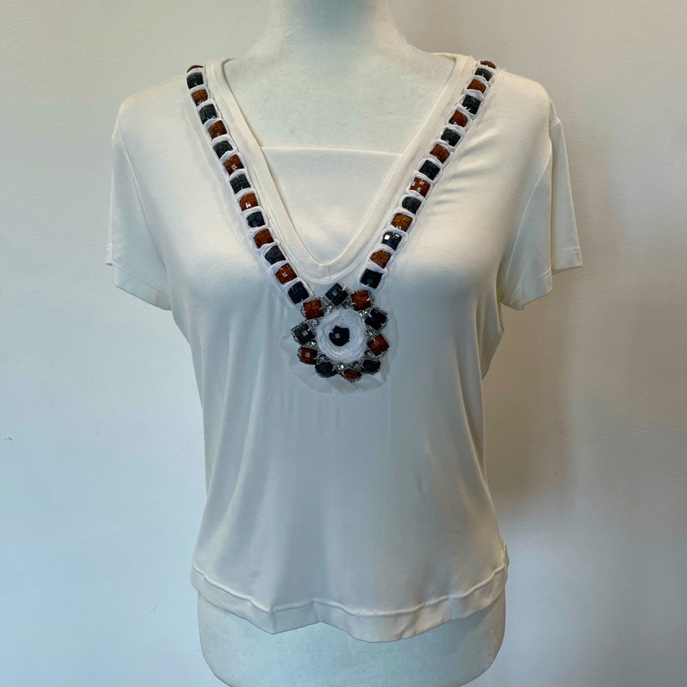 St.John SoCa Cotton Gemstone Lined V-neck Short Sleeve Top Women’s Size Medium